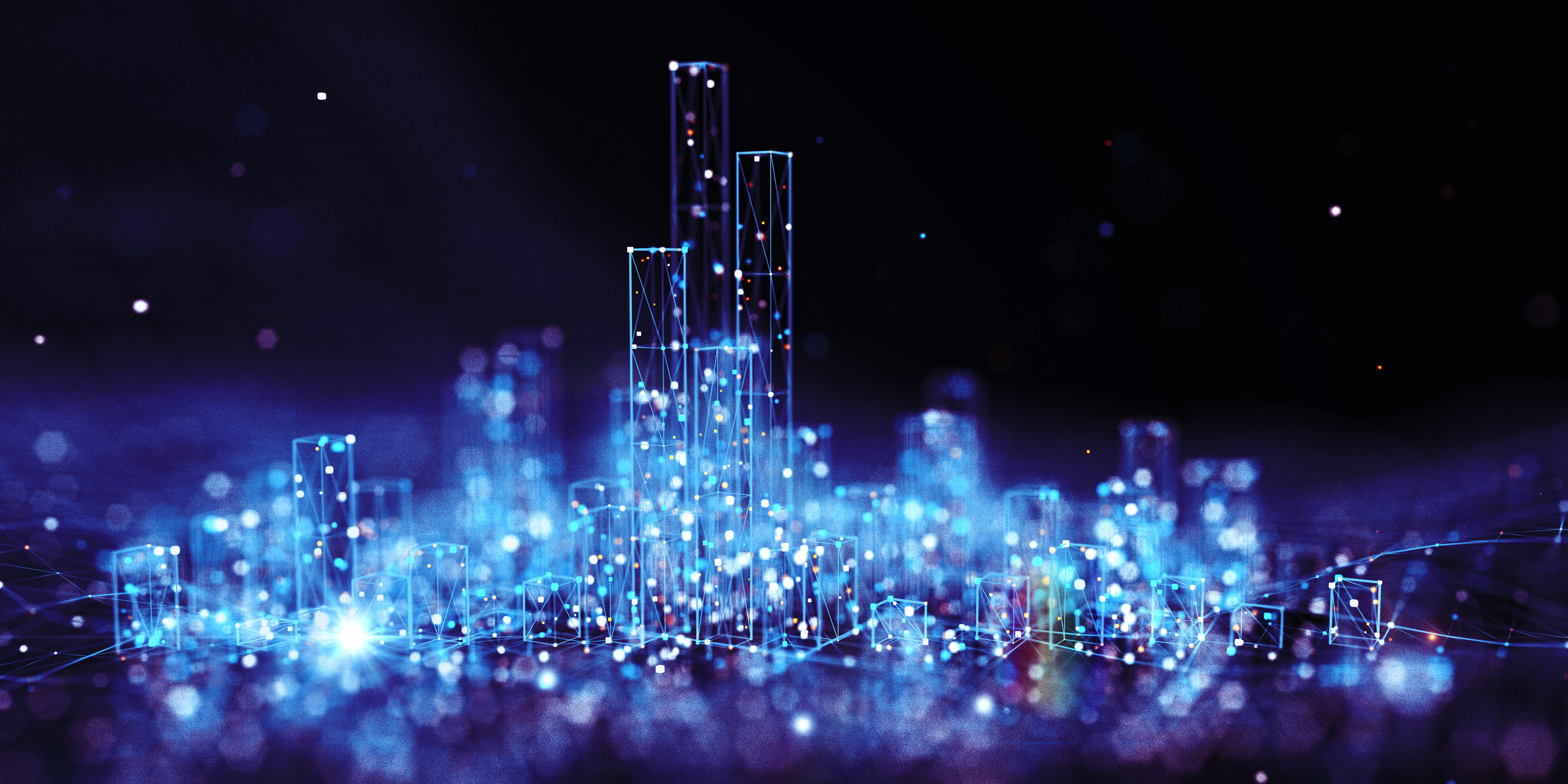 Abstract bokah city scape with rectangles suggesting buildings and balls of light suggesting a busy city