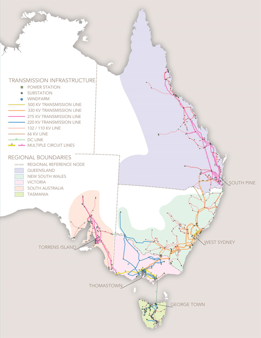 Map of the east coast of Australia showing transmission infrastructure overlaid across Queensland, NSW, Victoria, Tasmania and South Australia